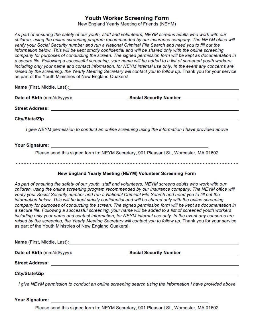 image of 'NEYM Youth Worker Screening Form'