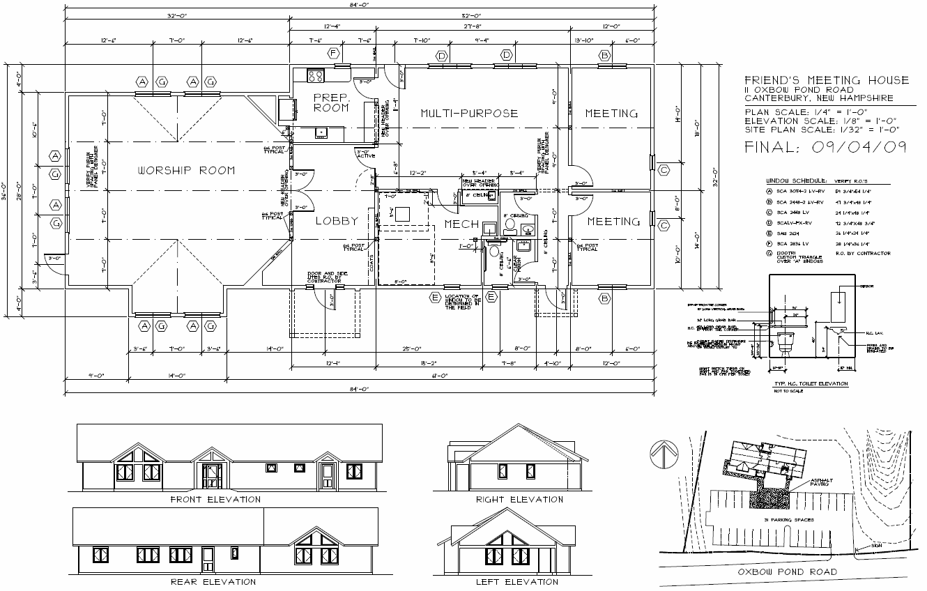 Final Floor Plan, Site Plan, and Elevations for Concord Friends Meetinghouse