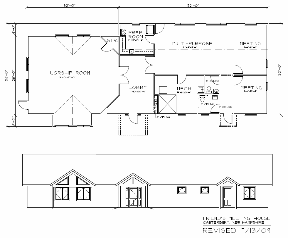 Floor Plan and Front Elevation for Concord Friends Meetinghouse
